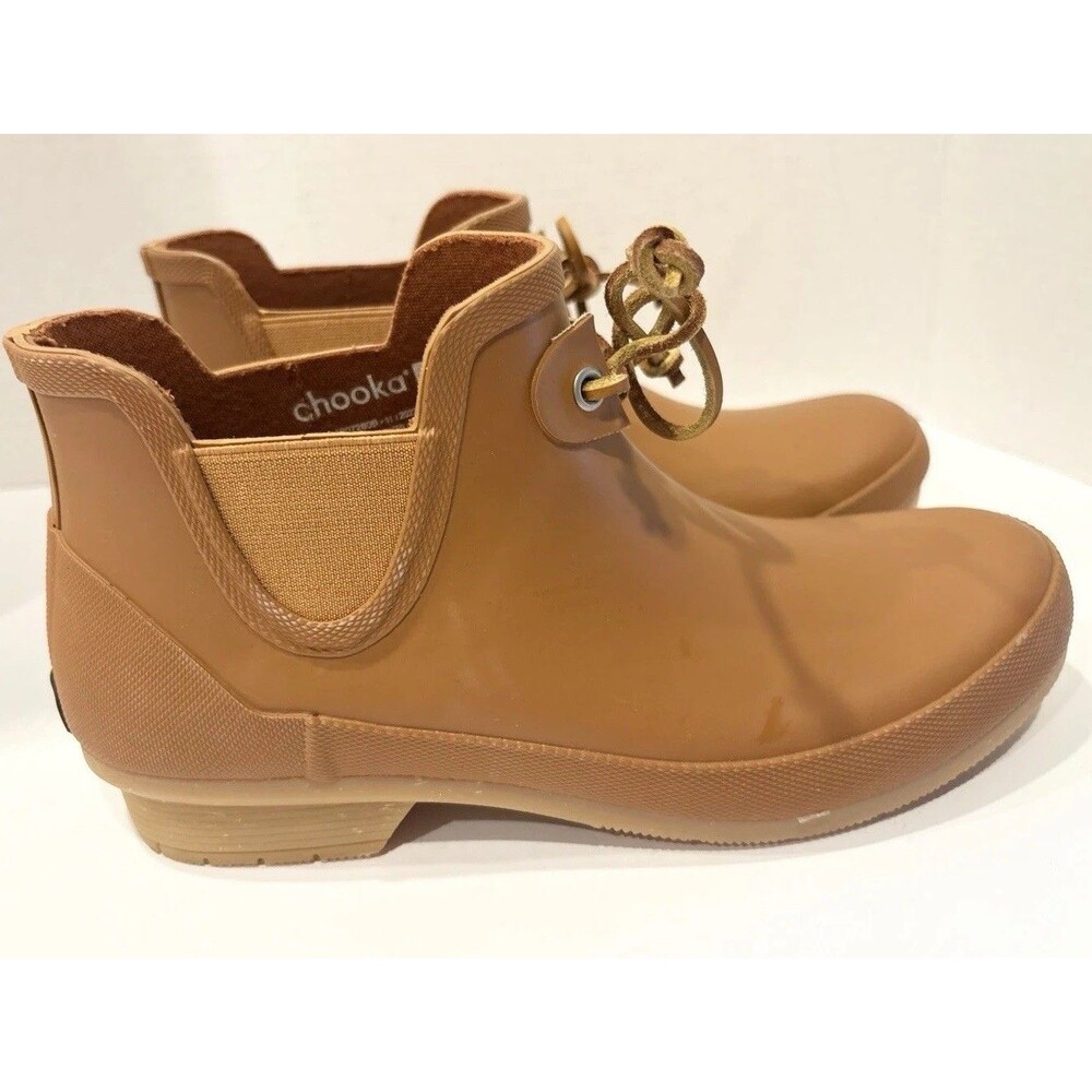 Chooka Women's Classic Tie Bootie rain boots feature a Cognac color rubbe